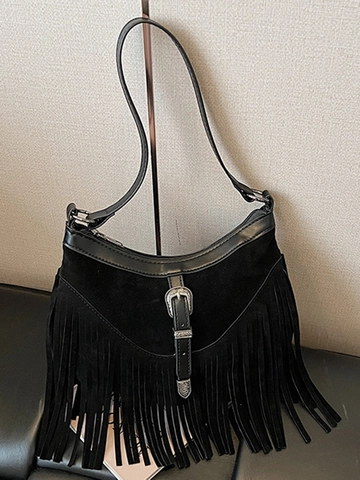 Vintage Wildleder Fransen Unterarmtasche Für Damen Böhmische Quasten Schultertasche Retro Metallschnalle Lässige Umhängetasche