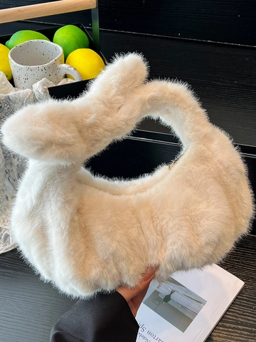 Women's Plush Handbag Soft Faux Fur Pleated Cloud Bag Fashion Knot Handle Small Hobo Bag Solid Color Casual Winter Wristlet Purse