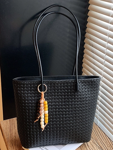 Große Kapazität PU Leder Gewebte Tragetasche Für Damen Vintage Umhängetasche Mit Perlenanhänger Lässige Pendler Handtasche