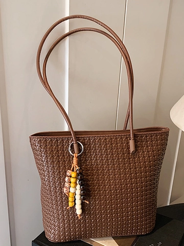 Große Kapazität PU Leder Gewebte Tragetasche Für Damen Vintage Umhängetasche Mit Perlenanhänger Lässige Pendler Handtasche