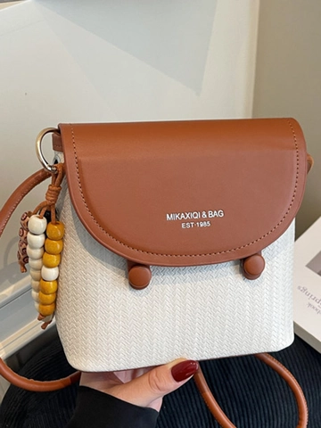 Women Retro PU Leather Splicing Woven Small Square Shoulder Bag With Bead Pendant Elegant Daily Commuting Crossbody Bag