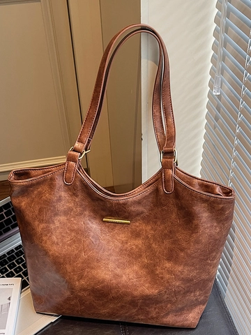 Bolso Tote de Cuero PU Vintage para Mujer Gran Capacidad Retro Color Sólido Bolso de Hombro Axila para Oficina Viaje Diario Moda