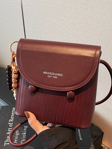 Women Retro PU Leather Splicing Woven Small Square Shoulder Bag With Bead Pendant Elegant Daily Commuting Crossbody Bag