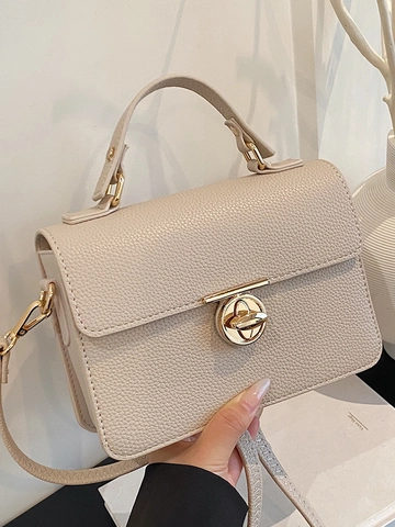Women Pebble Grain PU Leather Small Square Bag Elegant Handbag With Golden Round Twist Lock Crossbody Shoulder Bag For Daily