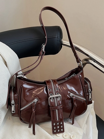 Vintage Punk Y2K Schultertasche Glänzendes PU Leder Achseltasche Mehrere Taschen Nieten Dekor Damen Mode Handtasche Umhängetasche