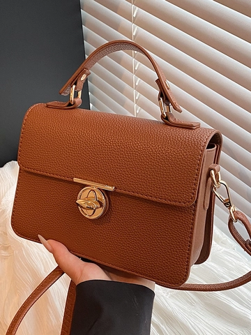 Women Pebble Grain PU Leather Small Square Bag Elegant Handbag With Golden Round Twist Lock Crossbody Shoulder Bag For Daily