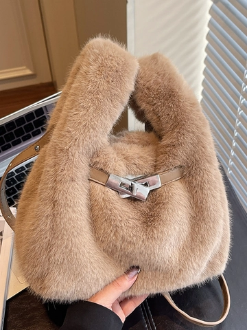 Mode Damen Kunstpelz Beuteltasche Weiche Plüsch Handtasche Mit Metallschloss Elegante Winter Umhängetasche Stilvolle Schultertasche