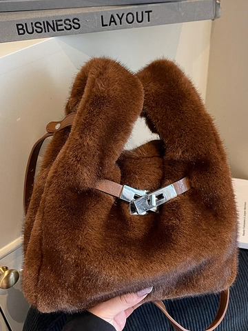 Mode Damen Kunstpelz Beuteltasche Weiche Plüsch Handtasche Mit Metallschloss Elegante Winter Umhängetasche Stilvolle Schultertasche