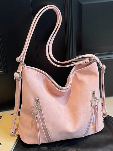 Fashion Suede Large Capacity Tote Bag For Women Urban Minimalist Multi Functional Shoulder Bag With Star Zipper Decor