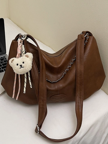 Large Capacity Women Shoulder Bag Soft PU Leather Hobo Bag With Chain Decor Bear Pendant Fashion Crossbody Bag For Work Travel