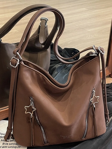 Fashion Suede Large Capacity Tote Bag For Women Urban Minimalist Multi Functional Shoulder Bag With Star Zipper Decor