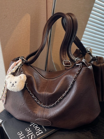 Large Capacity Women Shoulder Bag Soft PU Leather Hobo Bag With Chain Decor Bear Pendant Fashion Crossbody Bag For Work Travel