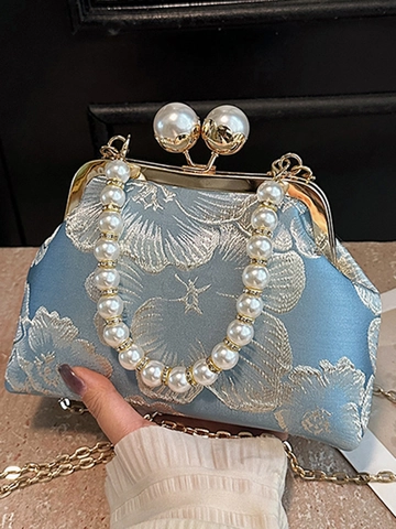 Borsa a Tracolla Vintage Stile Cinese Ricamo Floreale Donna Elegante Manico in Perla Artificiale Chiusura a Scatto Borsa da Sera