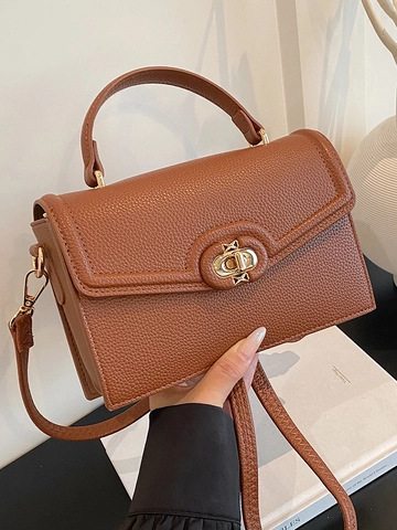 Fashion PU Leather Litchi Grain Square Handbag For Women Retro Urban Minimalist Metal Lock Crossbody Shoulder Bag Office Commute Purses