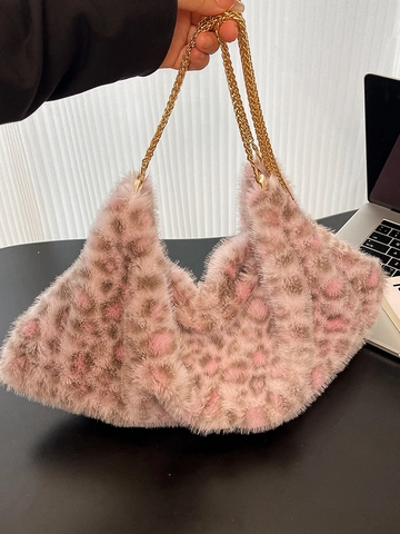 Borsa Tote in Peluche con Stampa Leopardata da Donna Grande Capacità Borsa a Tracolla in Pelliccia Sintetica con Catena Dorata