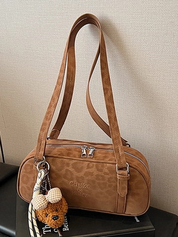 Retro Suede Look PU Leder Onderarmtas Voor Dames Luipaardprint Mode Schoudertas Minimalistische Woon-Werk Handtas Met Hanger