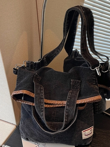Borsa a Tracolla in Denim da Donna Grande Capacità Casual Canvas Tote Bag Artistica Vintage Crossbody Con Bordo in Similpelle