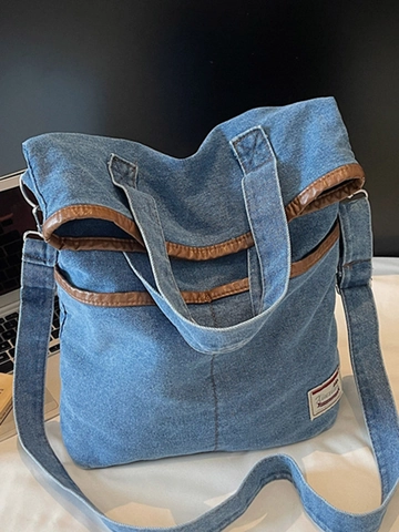 Borsa a Tracolla in Denim da Donna Grande Capacità Casual Canvas Tote Bag Artistica Vintage Crossbody Con Bordo in Similpelle
