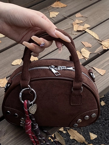 Women's Retro Suede Boston Bag Rivet Decor Mini Shoulder Crossbody Bag With Heart Pendant Urban Satchel Handbag