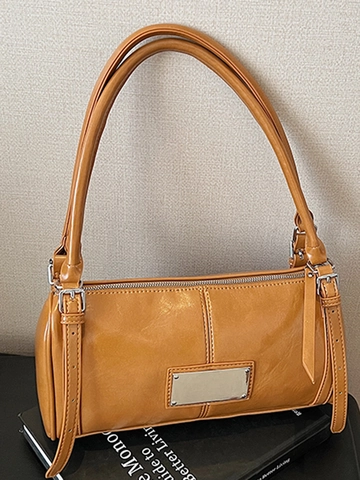 Retro PU Leather Shoulder Bag For Women Minimalist Underarm Bag With Metal Plate Commuting Casual Solid Color Baguette Bag