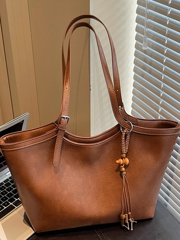 Vintage Large Capacity PU Leather Tote Bag For Women Autumn Fashion Solid Color Shoulder Bag Daily Commute Handbag