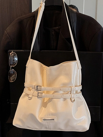 Große Kapazität Damen Hochglanz PU Leder Tragetasche Urban Einfach Faltenstruktur Umhängetasche Mit Doppelter Gürteldekoration Mode Handtasche Pendeln