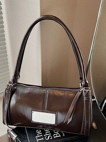 Retro PU Leather Shoulder Bag For Women Minimalist Underarm Bag With Metal Plate Commuting Casual Solid Color Baguette Bag