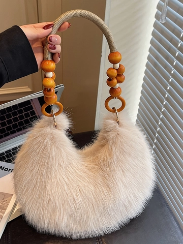 Trendy Faux Fur Hobo Bag For Women Large Capacity Plush Underarm Bag With Beaded Strap Autumn Winter Commuting Shoulder Bag