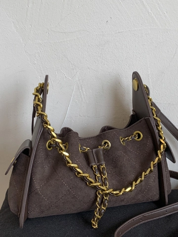 Vintage PU Leather Rhombic Pattern Crossbody Bag For Women Fashion Simple Chain Strap Underarm Small Shoulder Bag