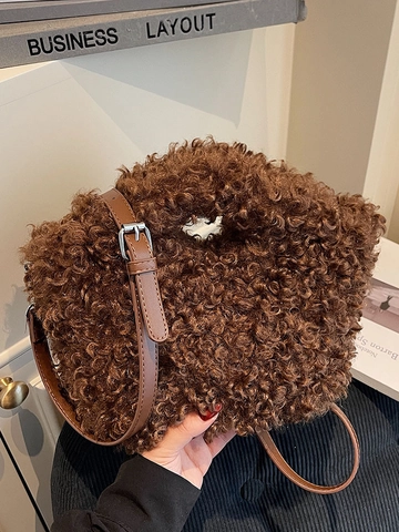 Women Plush Shoulder Bag Fashion Fluffy Handbag With Magnetic Buckle Autumn Winter Solid Color Faux Fur Crossbody Bucket Bag