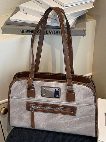 Bolso de Hombro de Cuero PU Vintage de Gran Capacidad para Mujer Bolso Tote con Costuras en Contraste