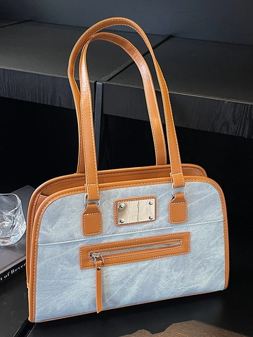Bolso de Hombro de Cuero PU Vintage de Gran Capacidad para Mujer Bolso Tote con Costuras en Contraste