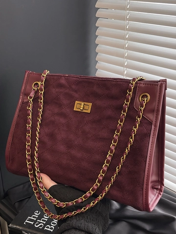 Retro Suède Gewatteerde Tote Bag voor Dames Grote Capaciteit Ruitpatroon Ketting Schoudertas Stedelijk Eenvoudig Okseltas Crossbody Handtas