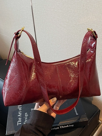 Women French Vintage Glossy PU Leather Underarm Bag Fashion Wrinkled Patent Baguette Shoulder Bag With Adjustable Strap