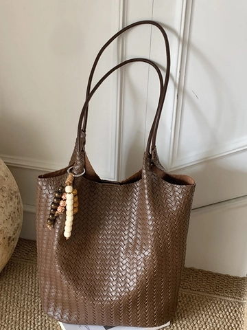 Retro PU Leder Geflochtene Tote Bag Für Damen Große Kapazität Schultertasche Mit Abnehmbarem Holzperlen Anhänger Hobo Bag