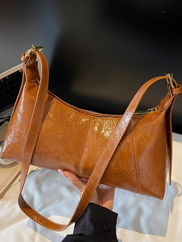 Women French Vintage Glossy PU Leather Underarm Bag Fashion Wrinkled Patent Baguette Shoulder Bag With Adjustable Strap