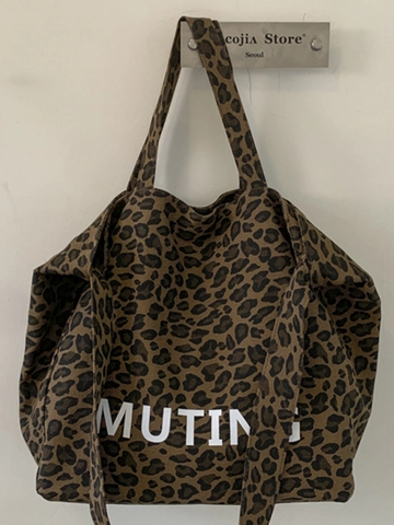 Women Large Capacity Leopard Print Canvas Tote Bag Muting Letter Printed Casual Shoulder Handbag Urban Commute Shopping Bag
