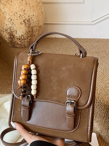 Women's Retro PU Leather Backpack Contrast Color Splicing Handbag Fashion Travel School Bag With Wooden Bead Charm