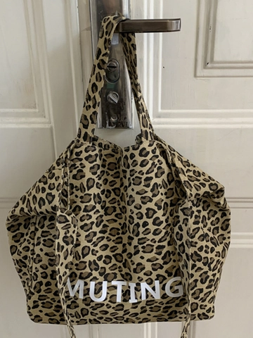 Women Large Capacity Leopard Print Canvas Tote Bag Muting Letter Printed Casual Shoulder Handbag Urban Commute Shopping Bag