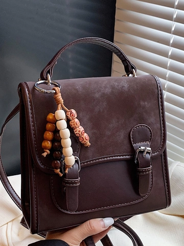 Women's Retro PU Leather Backpack Contrast Color Splicing Handbag Fashion Travel School Bag With Wooden Bead Charm