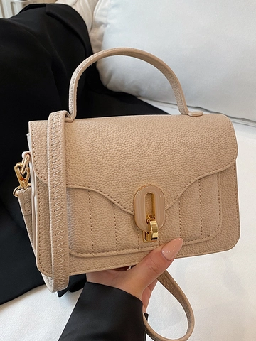 Women Vintage PU Leather Lychee Pattern Shoulder Bag Fashion Gold Lock Top Handle Crossbody Handbag Commuter Square Bag