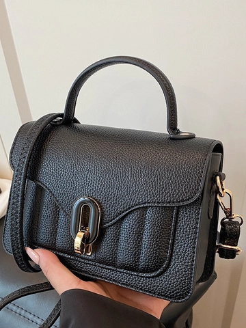 Women Vintage PU Leather Lychee Pattern Shoulder Bag Fashion Gold Lock Top Handle Crossbody Handbag Commuter Square Bag