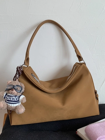 Minimalistische PU Leder Große Kapazität Hobo Schultertasche Für Damen Urban Lazy Style Tote Bag Mit Bären-Anhänger