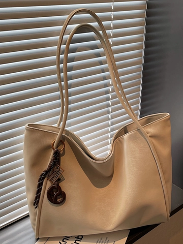 Bolso Tote de PU Retro para Mujer Bolso de Hombro Minimalista de Gran Capacidad Bolso de Viaje Simple Con Colgante Decorativo