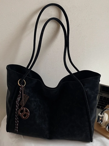 Bolso Tote de PU Retro para Mujer Bolso de Hombro Minimalista de Gran Capacidad Bolso de Viaje Simple Con Colgante Decorativo