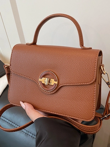 Women Minimalist PU Leather Lychee Pattern Shoulder Bag Fashion Commuting Crossbody Handbag With Gold Round Metal Buckle