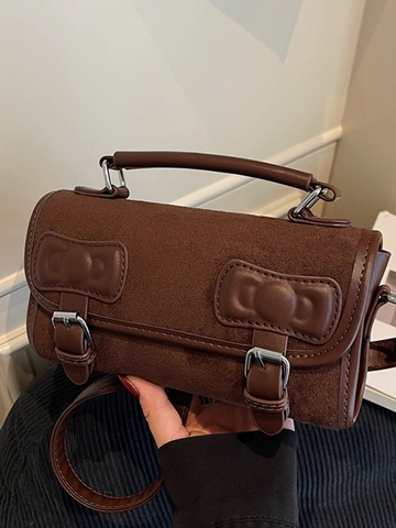 Damen Retro Suède Schultertasche Vintage Schleife Dekoration Patchwork Boston Tasche Einfach Umhängetasche Stilvolle Tägliche Tasche