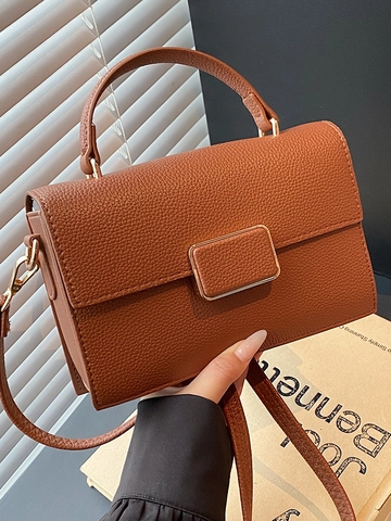 Borsa a Spalla in PU Grana Litchi di Moda per Donna Urbana Semplice Borsa a Tracolla Quadrata con Fibbia Dorata Tracolla Regolabile