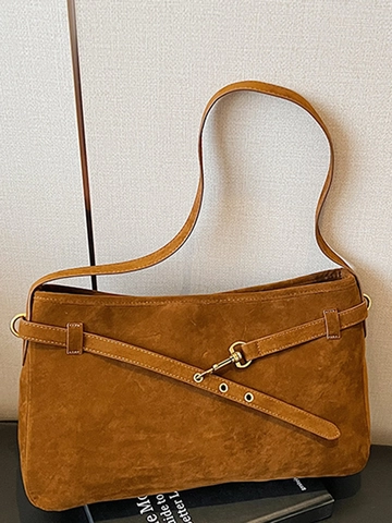Women's Large Capacity Suede Tote Bag Retro Minimalist Shoulder Bag Decorative Metal Buckle Solid Color Commuter Handbag