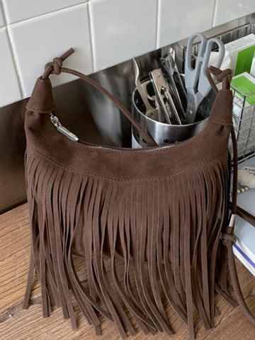 Dames Kwastje Franje Schoudertas PU Leer Suède Textuur Hobo Tas Boheems Knoop Band Crossbody Tas Dagelijks Minimalistisch Handtas